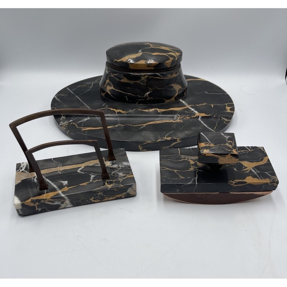 1930s Art Deco 3 Piece Portoro Marble and Brass Italian Desk Set